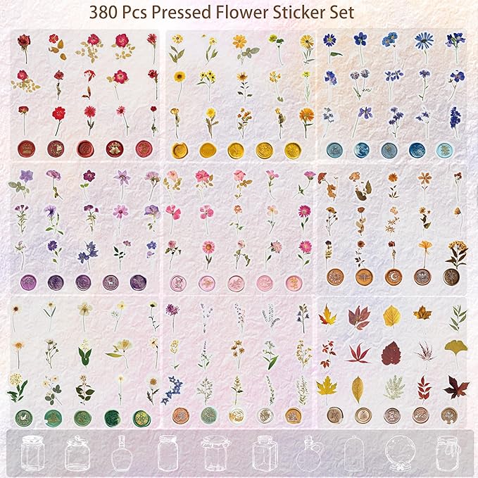 380 Pcs Natural Flower Stickers for Scrapbooking, Vintage Floral Stickers Decals Aesthetic Watercolor Stickers for Journaling Phone Case Stickers Art Bullet Junk Journal Planners DIY Craft Notebook