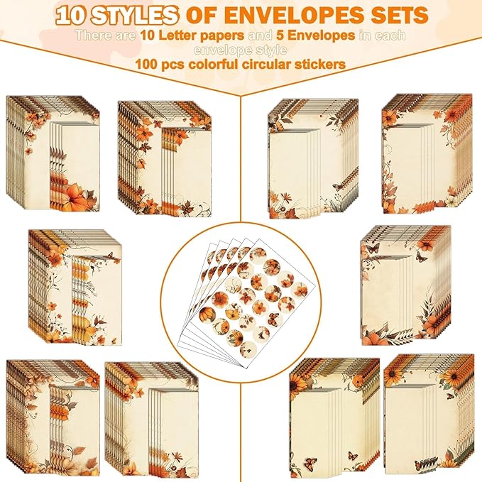 250Pcs Fall Thanksgiving Stationery Paper and Envelope Set with 100 Letterhead Papers and 50 Envelopes, 10 Design for Letter Writing Invitations Computer Holidays Party Notes, 8.5x11 Inch-Leaf