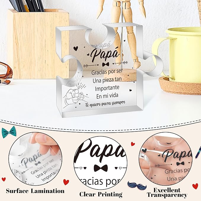 Yopyame Spanish Dad Birthday Gifts - Regalos para Papá Puzzle Acrylic Plaque for Office Desk Decor Keepsake Paperweights Gifts for Dad in Spanish Christmas Father's Day Gifts for Dad from Daughter Son