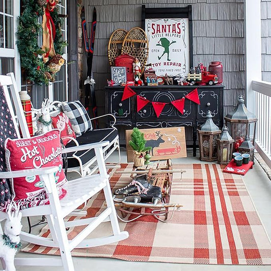 Christmas Door Mat Outdoor 4' x 6' Red and White Plaid Rug Christmas Decor Rug Cotton Hand-Woven Layered Door Mats Washable Carpet for Front Porch, Kitchen, Farmhouse, Entryway