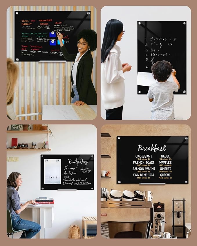 Magnetic Glass Whiteboard，36"x24" Wall Mounted Frameless Dry Erase Board for Office, Home & School Black