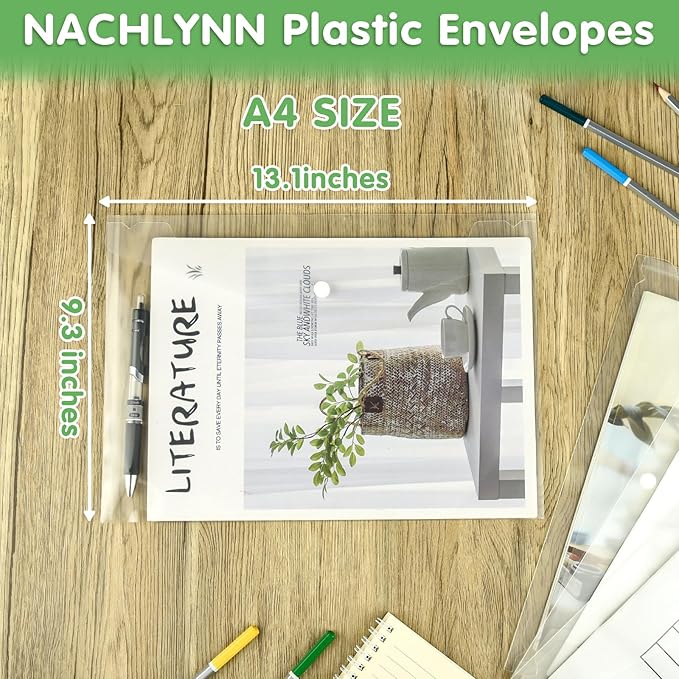 NACHLYNN 18 Pack Plastic Envelopes Poly Envelopes with Snap Closure A4 Size Clear Document File Folders Organizers Clear Envelope for School Office Supplies