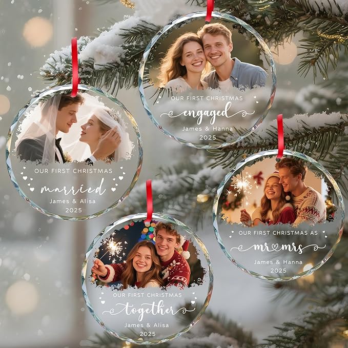 Personalized Our First Christmas Ornaments 2025 with Photo, Custom First Christmas Married Ornament, 1st Xmas Ornament for Together, Engaged, As Mr Mrs, Personalized Xmas Gifts Couple (3.15”)
