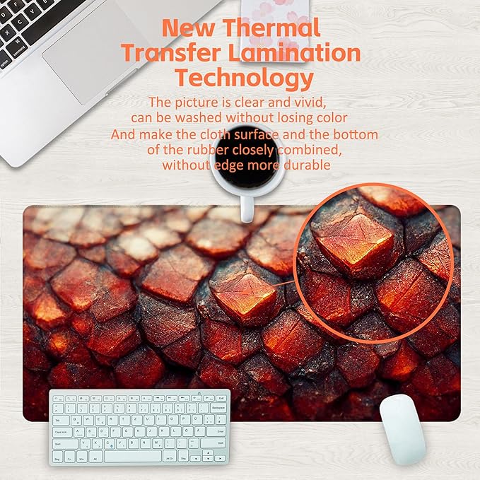 Desk Mat, Red Fire Dragon Scales Desk Pad, Cool Dragon Large Gaming Mouse Pad for Desk, 31.5"x15.7" Extended Big Computer Keyboard Mouse Pad with Non-Slip Base and Stitched Edge