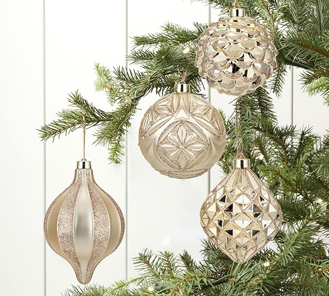 Hollyone 4.7 Inch Large Champagne Gold Christmas Ornaments 4Pcs Shatterproof Christmas Hanging Tree Balls for Xmas Tree Decor with Hook for Wedding Holiday Party Wreath Home Decor (Champagne, 120mm)