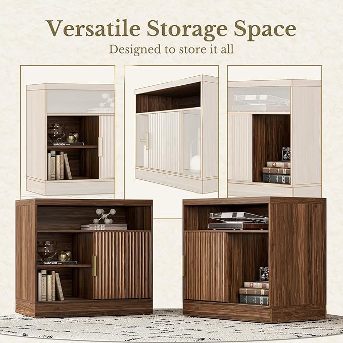 Fluted File Cabinet with Door, 32'' Lateral File Cabinet with Open Adjustable Shelves, Wood Filing Cabinet with Sliding Door for Home Office, Black Walnut