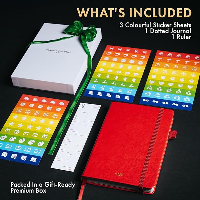 Wordsworth & Black A5 Bullet Dotted Journal 216 Dotted Pages, Hardcover Grid Dot Leather, 120 GSM Paper, Journaling Notebook for Work & Sketching, Journals for Women, Men - Gifts Box Included Red