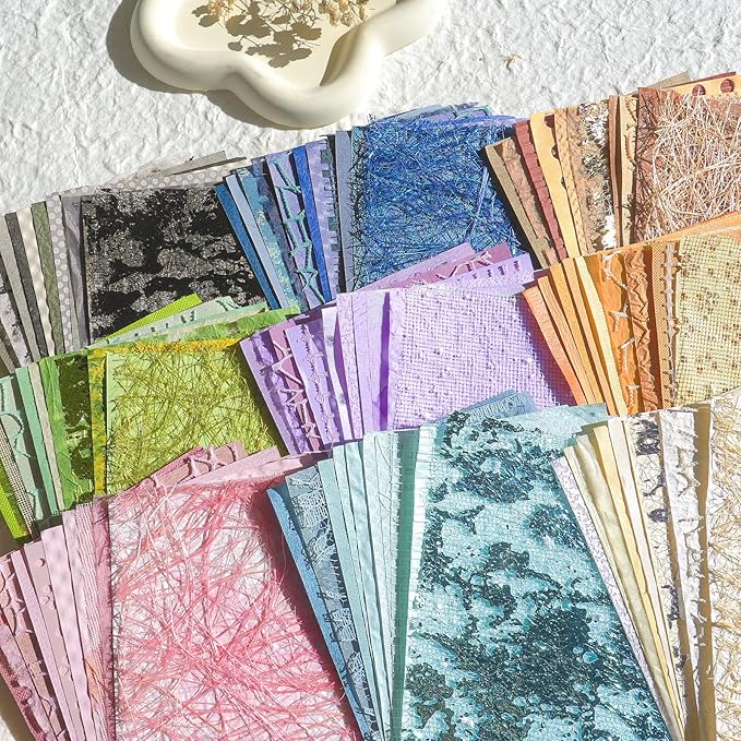 108 Sheets Unique Textured Scrapbook Paper and Mesh Fabric Set - 9 Pack No Repeat Special Paper Assorted Mixed for Scrapbooking Planner Junk Journal Supplies Media Collage Card 3.9x5.5 Inch