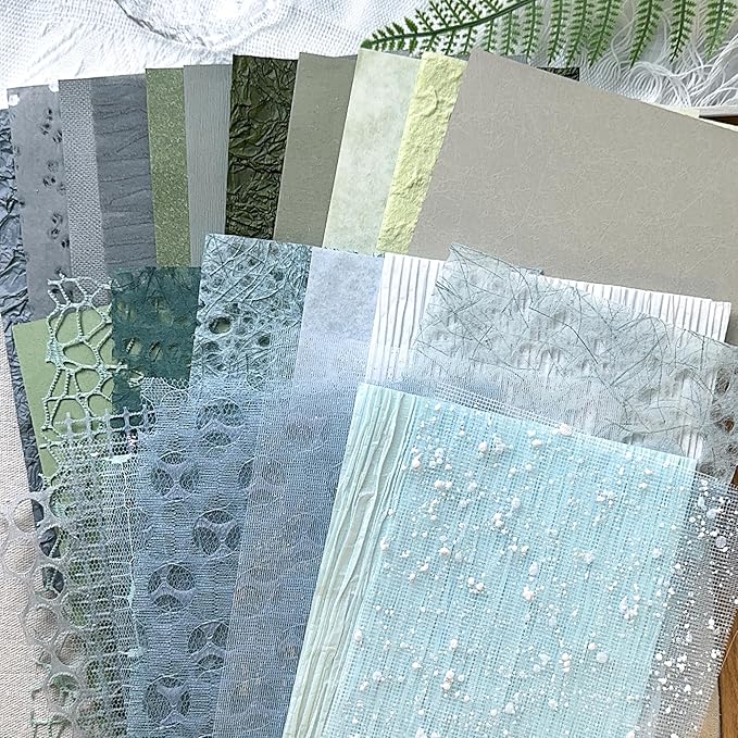 Aromoty 30 sheets A5 Unique Textured Scrapbook Paper&Mesh Fabric set - Handmade Craft Mulberry Special Paper Mix for Scrapbooking Junk Journaling Supplies Card DIY Materials Collage, 5.8x8.2 Inches
