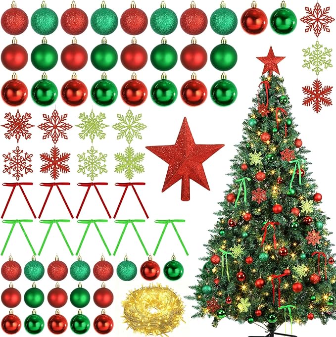 86Pcs Led Light Red and Green Christmas Tree Decorations Set 100 Led Light Christmas Star Trees Topper with String Lights Xmas Balls Snowflakes Ornaments Bows Xmas Trees Decor 20m Light String