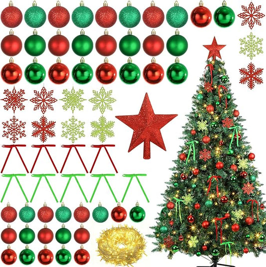 86Pcs Led Light Red and Green Christmas Tree Decorations Set 100 Led Light Christmas Star Trees Topper with String Lights Xmas Balls Snowflakes Ornaments Bows Xmas Trees Decor 20m Light String