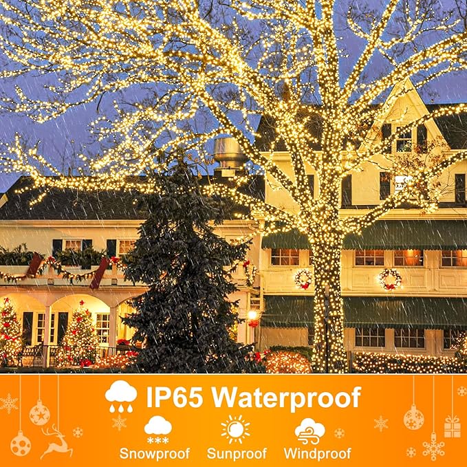 100FT 300 LED Christmas Lights Outdoor, Warm White Christmas Tree Lights with 8 Modes Waterproof, Connectable Green Wire String Lights Indoor for Patio Garden Xmas Party Decorations