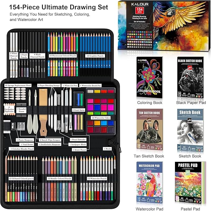 KALOUR 154PCS Artists Art Supplies - Drawing Kit with 6 Sketchbook,Tutorial,Coloring Paper - Graphite,Colored, Charcoal, Watercolor & Metallic Pencils - for Artists and Beginners