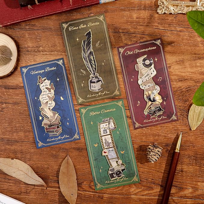 4pcs Vintage Bookmarks for Reading Women & Men, Unique Pretty Cute Metal Book Marks Kit Gifts for Book Lovers, Readers, Writers, Teens, Kids, Fantacy Cool Retro Page Markers Accessories for Bibles