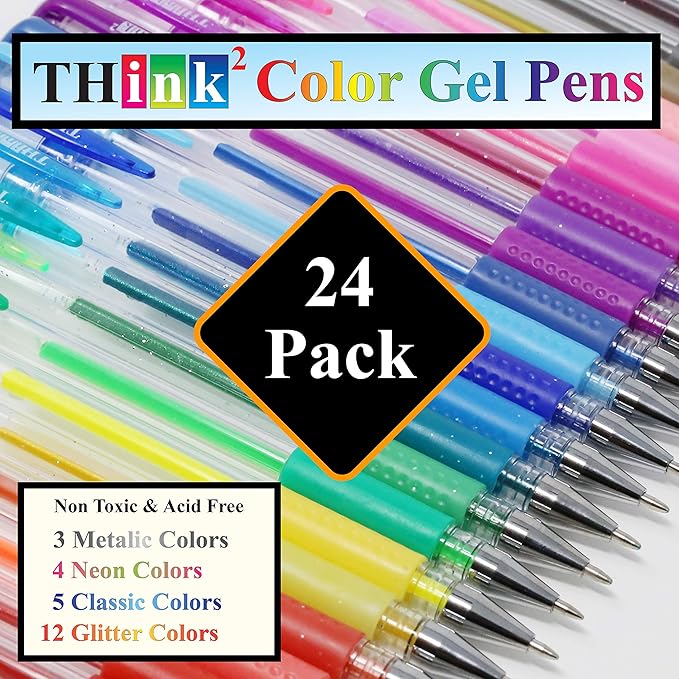 THINK2MASTER [24 Colors] Think2 Color Gel Pens Set for Kids and Adult. Perfect for Drawing, Journaling, Doodling, Scrapbooking