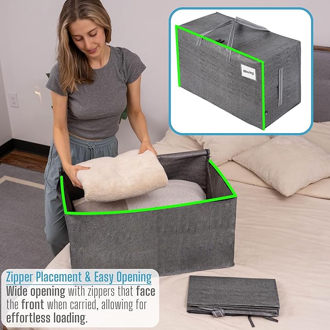 VENO 4 Pack Moving and Storage Bags, Heavy Duty, Alternative to Moving Boxes, Large Packing Totes Supplies for College Dorm Room with Zipper for Clothes, Wide Open Design (Dark Gray, 4 Pack)