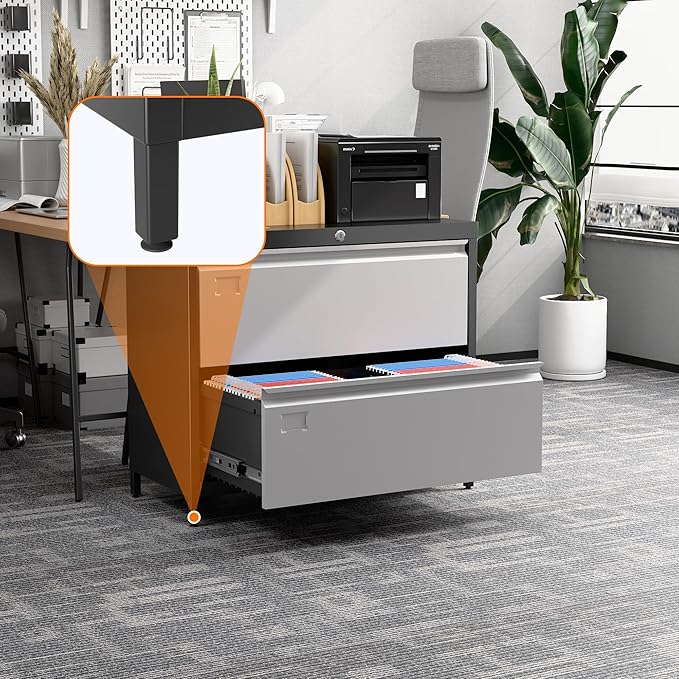 Metal Lateral File Cabinet with 2 Drawers, Wide Lateral Filing Cabinet with Lock for Hanging Files Letter/Legal/F4/A4 Size for Home Office School, Black and Grey, Assembly Required