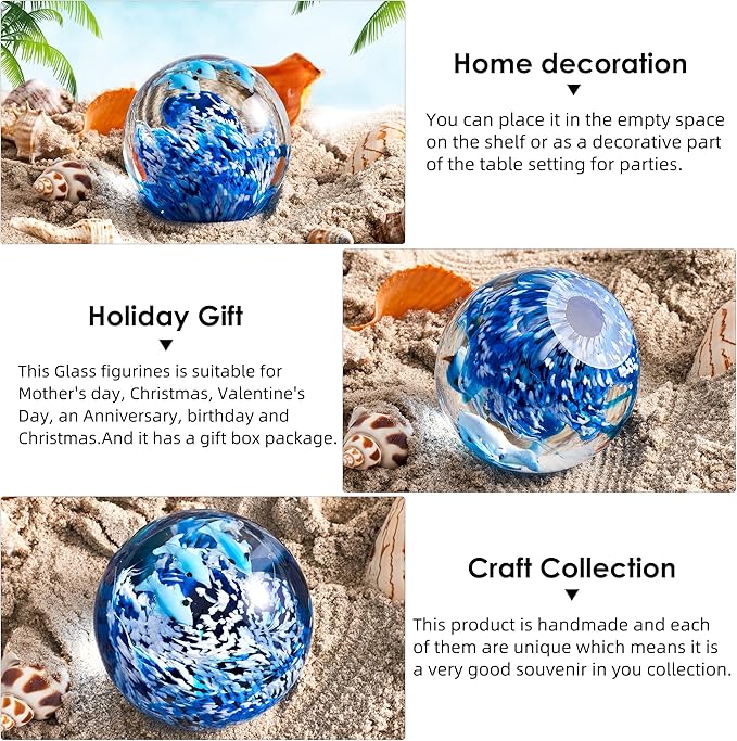 EUSTUMA Hand Blown Glass Dolphin Figurine Ornament,Sea Animal Ornament for Fish Tank Aquarium,Sea Animals Collection for Birthday Gift,Office Paperweight Glass Ball