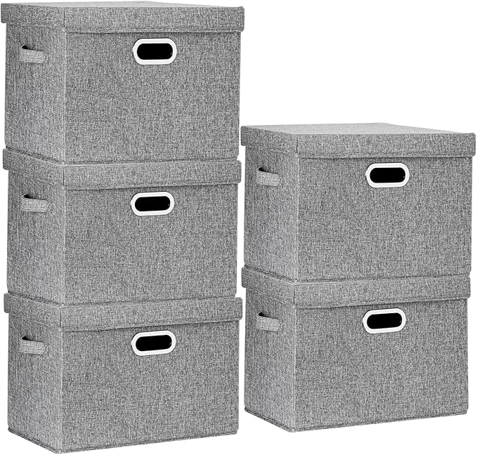 TYEERS Large Storage Bins with Lids, Collapsible, Washable, Fabric Storage Boxes for Organizing, 17.3x11.8x11.4 inches, 5 Pack, Gray