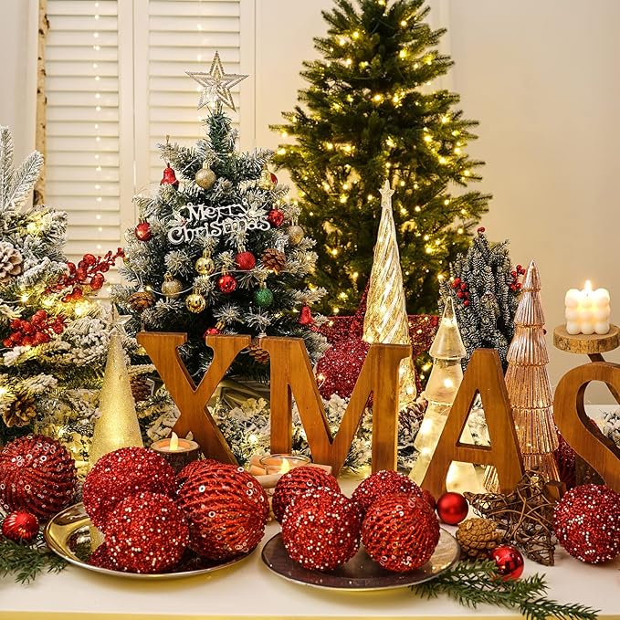 6pcs 3.94" Christmas Ball Ornaments Glitter Shatterproof Christmas Tree Ornaments Sequin Xmas Hanging Balls Decorations for Wedding Party Holiday(Red, 6pc-10cm)