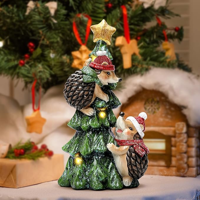 Christmas Hedgehog Statue with Lights for Christmas Decorations Indoor, Christmas Tree Hedgehog Figurine for Home Decor, Winter Xmas Holiday Decor for Table Shelf Mantle Fireplace,Xmas New Year Gifts