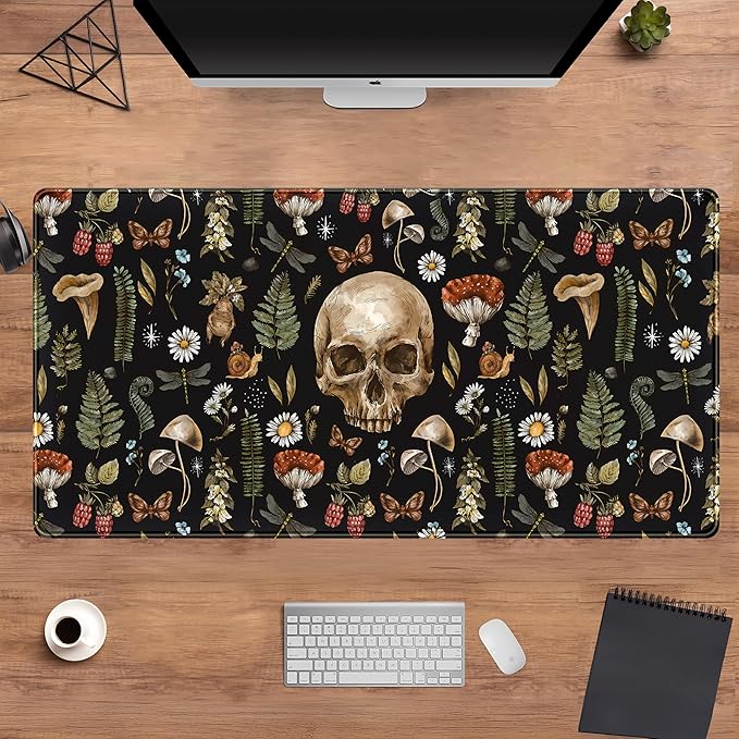 Cool Skull Desk Mat Floral Mouse Pad Black Mushroom Plants Goth Desk Pad XXL Large Gaming Mousepad Laptop Computer Keyboard Mouse Mat 31.5x15.75 in, Office Desk Mats Decor Accessories for Women