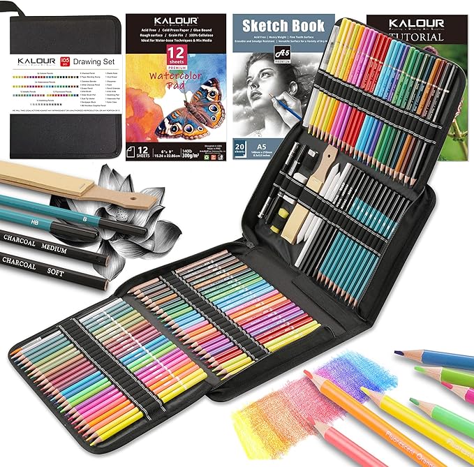 KALOUR 106 Coloring Sketching Kit Set - Art Supplies with Sketchbook & Watercolor Paper - Include Drawing Tutorial, Watercolor,Colored,Metallic,Fluorescent,Sketch Pencils - for Artists beginner