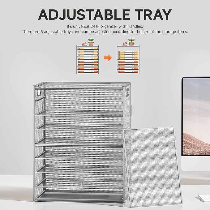 SUBEKYU 9 Tier Paper Organizer for Desk - Metal Mesh Letter Tray File Paper Sorter Organizer Include 6 Pcs Adjustable Height Slid Tray with Handles for Office School Home Organization Storage, Silver