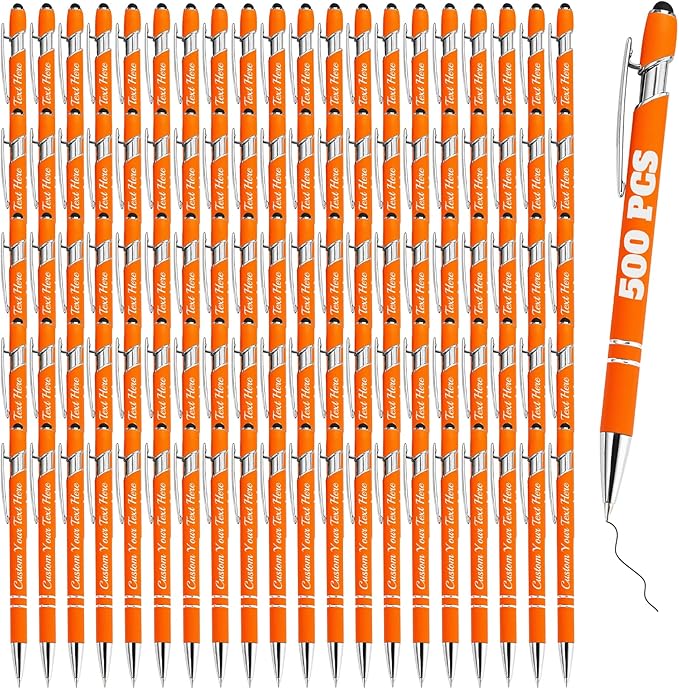 Personalized Pens Bulk 500 with Name Custom Engraving Ballpoint Pens with Stylus Tip Customized Smooth Writing Pens Personalized Gifts for Anniversary Birthday or Graduation(Orange,Black Ink)