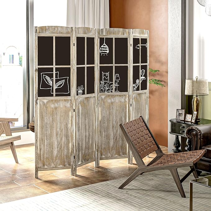 NicBex Room Divider 4 Panel Room Dividers with Black Boards Partition Room Dividers and Folding Privacy Screens 5.6 FT Wall Divider for Home, Office, Room Separation,70.75"W x 0.75"D x 69.75"H,Natural