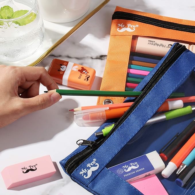 Mr. Pen - Pencil Pouch, Blue and Orange, 2 Fabric Pencil Pouches, Binder Pockets, Pencil Case, Binder Pouch, Pencil Bags, Pencil Pouch 3 Ring, Pencil Bags with Zipper, Zippered Pencil Pouch, Canvas