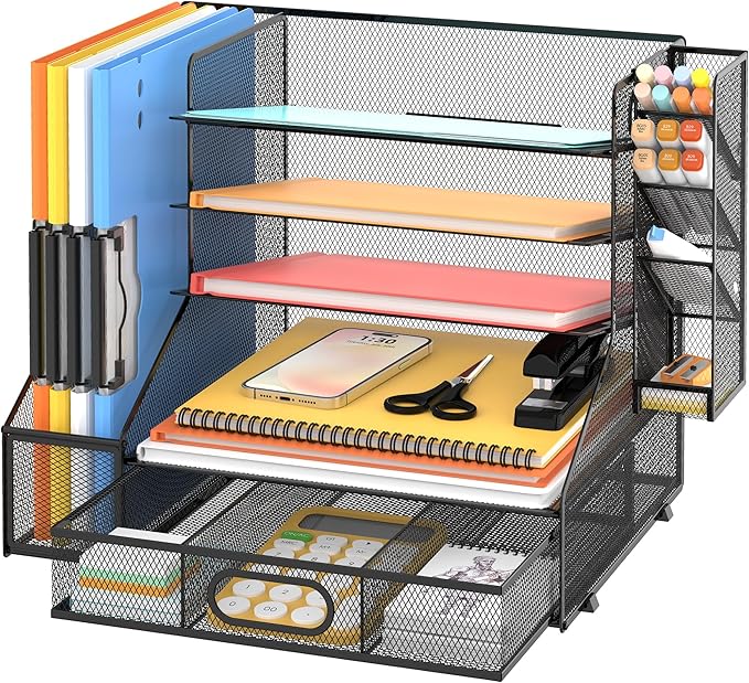 DALTACK Mesh Desk Organizer, 5-Tier Paper Letter Tray with File Holder & Pen Holder & Sliding Drawer, Desktop Organizer and Storage for Desk Accessories Office Supplies, Black