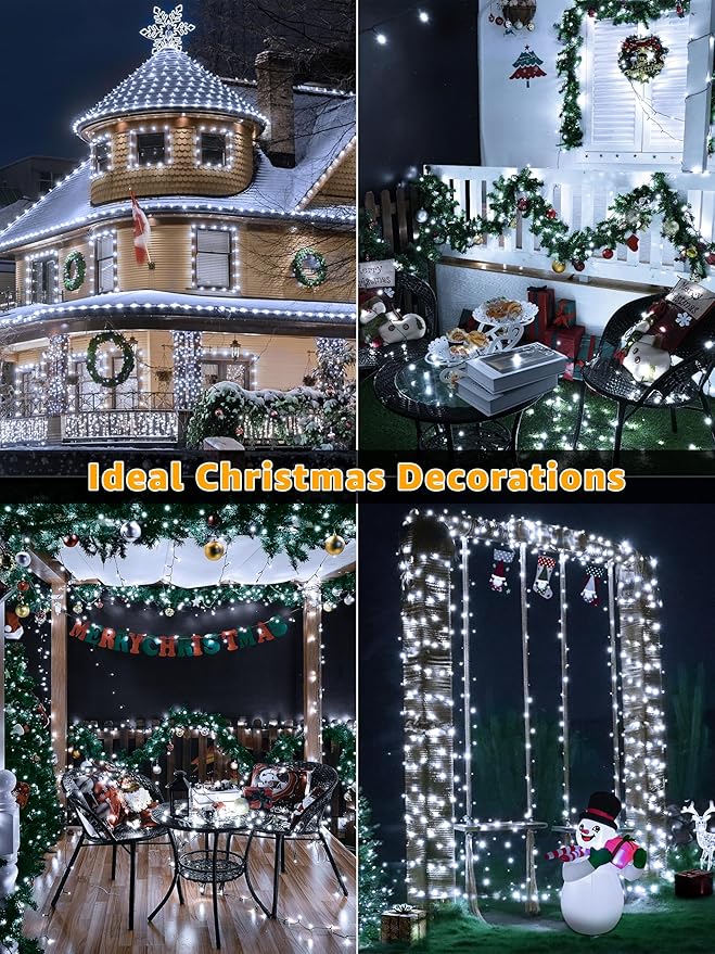 1000 LED 328 FT Outdoor String Lights with Remote and Timer, Dimmable with 8 Modes, Waterproof, Cool White Fairy Lights for Christmas Tree & Holiday Decor