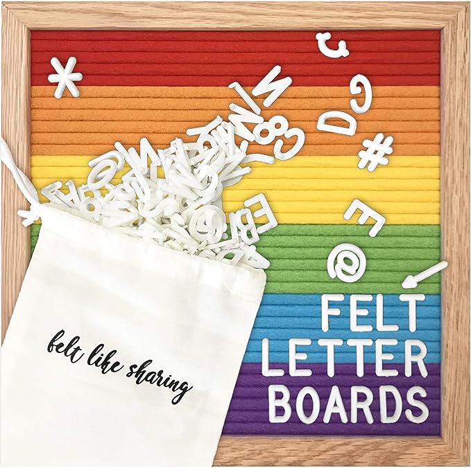 Felt Letter Board, 10x10in Changeable Letter Board with Letters White 300 Piece - Felt Message Board, Oak Frame Wooden Letter Board for Baby Announcements, Milestones, Office Decor & More (Rainbow)