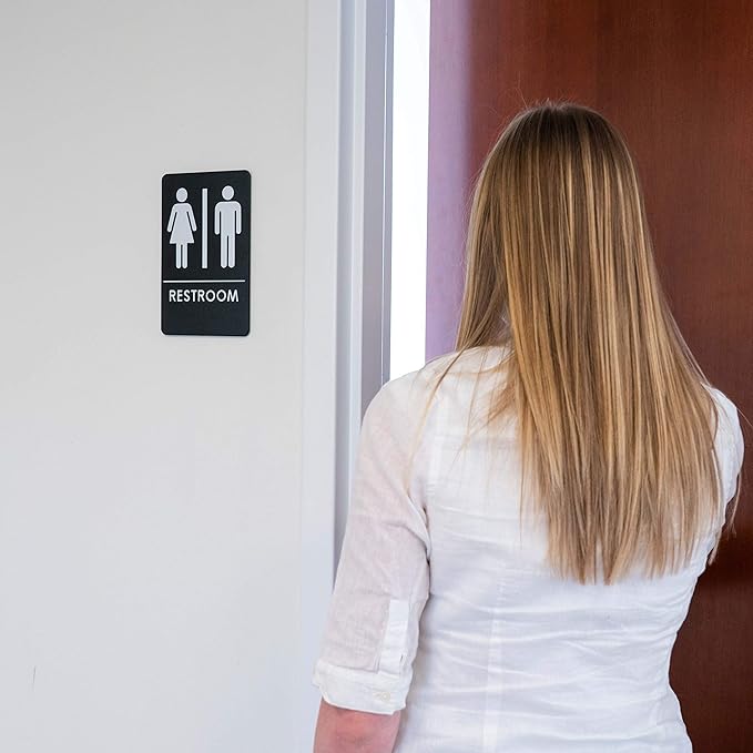 USA Made - Men's and Women's Restroom Signs ADA-Compliant Bathroom Door Signs for Offices, Businesses, and Restaurants, Black, Blue, Grey and Taupe/Tan Colors (Black Unisex)