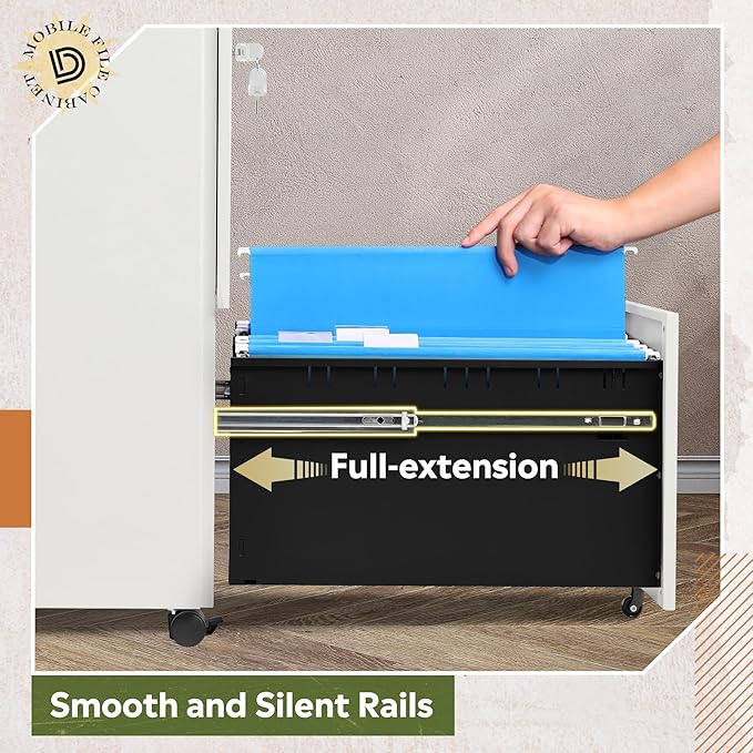 DEVAISE 2-Drawer Rolling File Cabinet with Lock, Metal Filing Cabinet for Home Office, Fully Assembled Under Desk, White, 17" D x 15" W x 27" H