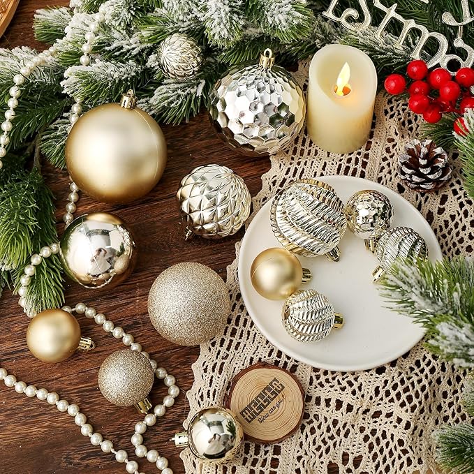 Christmas Balls Ornaments -36pcs Shatterproof Christmas Tree Decorations with Hanging Loop for Xmas Tree Wedding Holiday Party Home Decor,6 Styles in 3 Sizes(Champagne Gold)