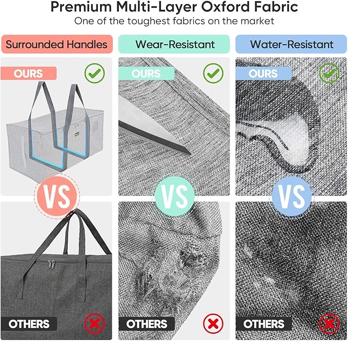 BALEINE Extra Large Storage Tote with Zippers & Carrying Handles, Heavy-Duty Oxford Fabric Moving Bags for Laundry, Space Saving, Storage, Winter Gray