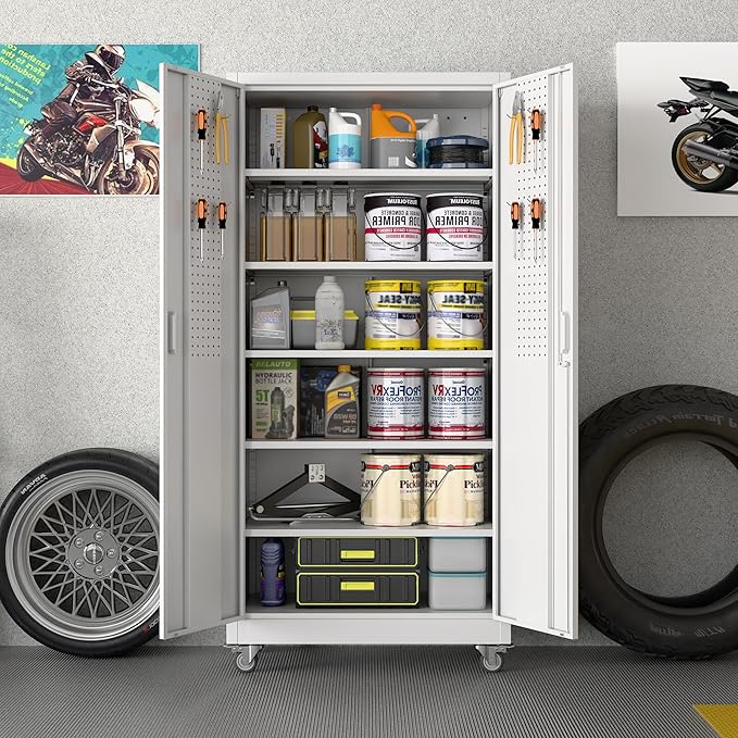 Aobabo Upgraded Garage Storage Cabinets with Wheels,Metal Storage Cabinets with 5 Adjustable Shelves for Garage Home Office Storage, White,71''H*32''W*16''D,Assembly Required