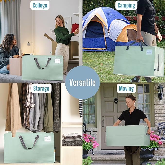 VENO 8 Pack Moving and Storage Bags, Heavy Duty, Alternative to Moving Boxes, Large Packing Totes Supplies for College Dorm Room with Zipper for Clothes, Wide Open Design (Shiny Light Green, 8 Pack)