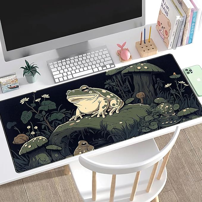 Kawaii Mushroom Cute Frog Desk Mat Anime Gaming Mouse Pad Dark Green Forest Mousepad XXL, Large Extended Laptop Keyboard Mouse Mat Desk Pad 31.5x15.75 in, Non-Slip Rubber Base with Stitched Edges