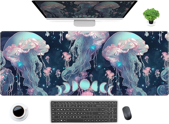 DCJJM Anime Desk Mat Jellyfish Neon Blue XL Mouse Pad Gaming Ocean Moon Computer Keyboard Pad 80 x 30cm Women Desk Protector with Stitched Edges