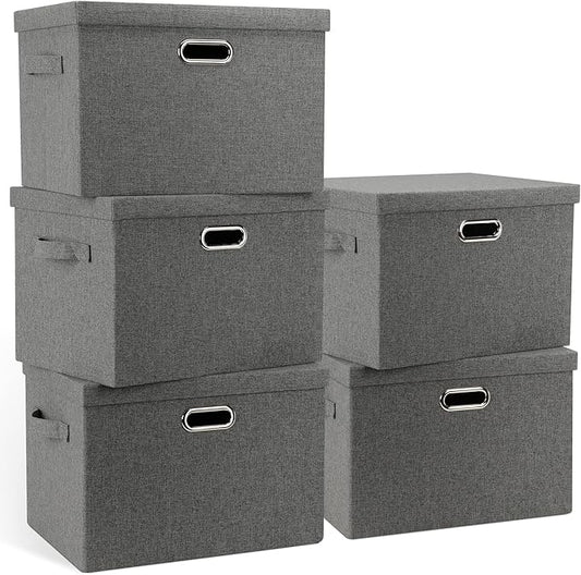 Large 17" 36 Quart Collapsible Stackable Storage Bins with Lids, 5 Packs Gray Foldable Fabric Closet Storage Boxes with Lids, Heavy-duty Linen Cube Baskets(17 x 12 x 11)