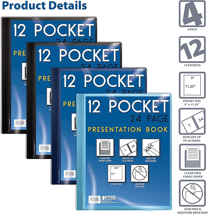 Better Office Products 12 Pocket Bound Presentation Book, Assorted Colors, Clear View Front Cover, 24 Sheet Protector Pages, 8.5" x 11" Sheets, Art Portfolio, Poly Covers, Letter Size (4 Pack)
