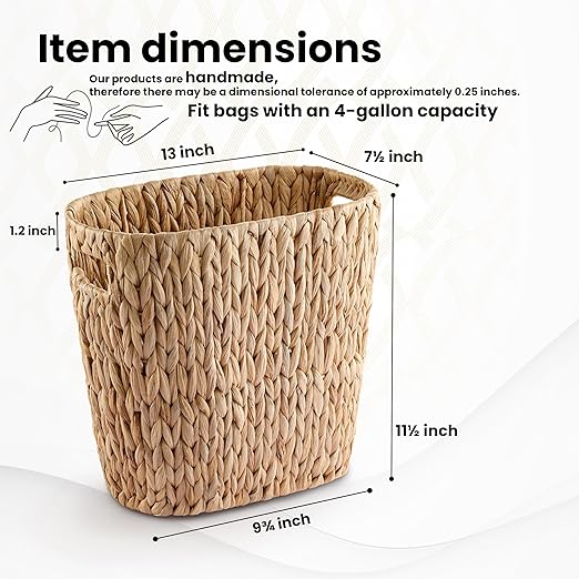 4 Gallons Wicker Waste Basket for Bathroom - Water Hyacinth Wicker Trash Can – Kitchen, Bathroom Garbage Can, Oval Magazine Basket - Desk Trash Can, Office Garbage Can with Open Top, Handles