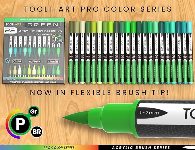 22 Flexible Brush Tip Acrylic Paint Pens Markers Set 1-7mm Line for Rock Painting, Brush Lettering, Glass, Mugs, Wood, Metal, Canvas, Fabric, Plastic. Non Toxic Waterbased Quick Drying Assorted Green