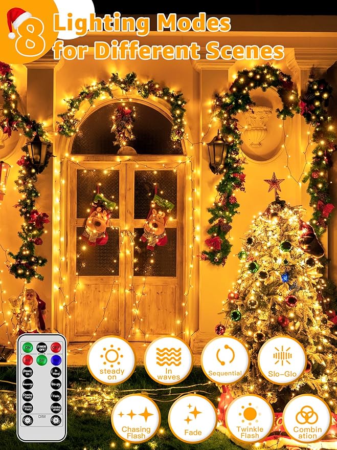 1000 LED 328 FT Christmas Lights, Waterproof Outdoor String With Remote and Timer, 8 Modes Dimmable, Fairy Lights for Holiday Decor (Warm White)
