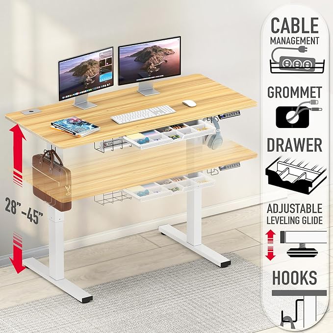 SHW 48-Inch Electric Height Adjustable Standing Desk with Drawer, Memory Preset and Cable Management Tray, Oak