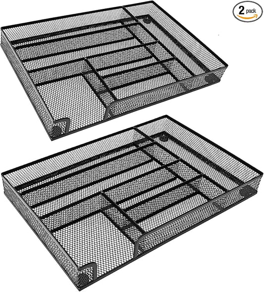 2-Pack Desk Drawer Organizers, 6-Compartment Metal Mesh Trays for Pens, Paper Clips, Office Supplies, Ventilated Storage Inserts for Home, Office, School, 12.6 x 8.27 x 1.57 Inches, Black