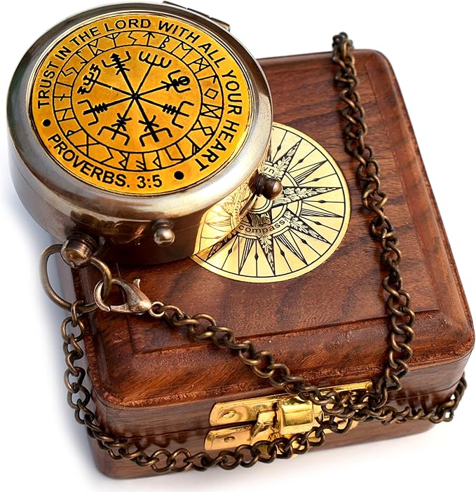 Trust in The Lord With All Your Heart - Proverbs 3:5-6 Quote Engraved Compass With Wooden Box, Greeting Card, Gift Compass, Graduation Day Gifts 2024 for Women Men Boys Girls